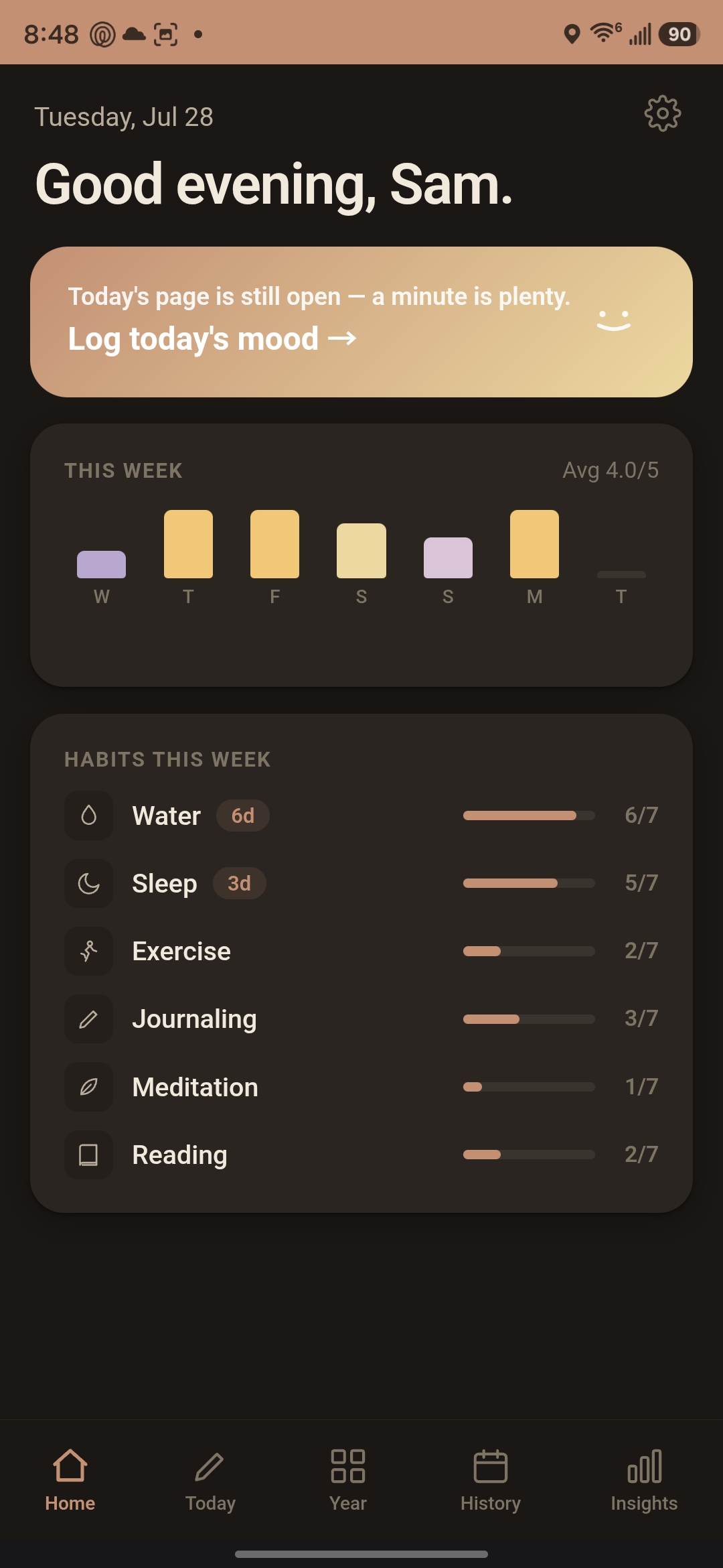 Sonar home screen: a daily mood log prompt, a week-at-a-glance mood chart, and a habit tracker.